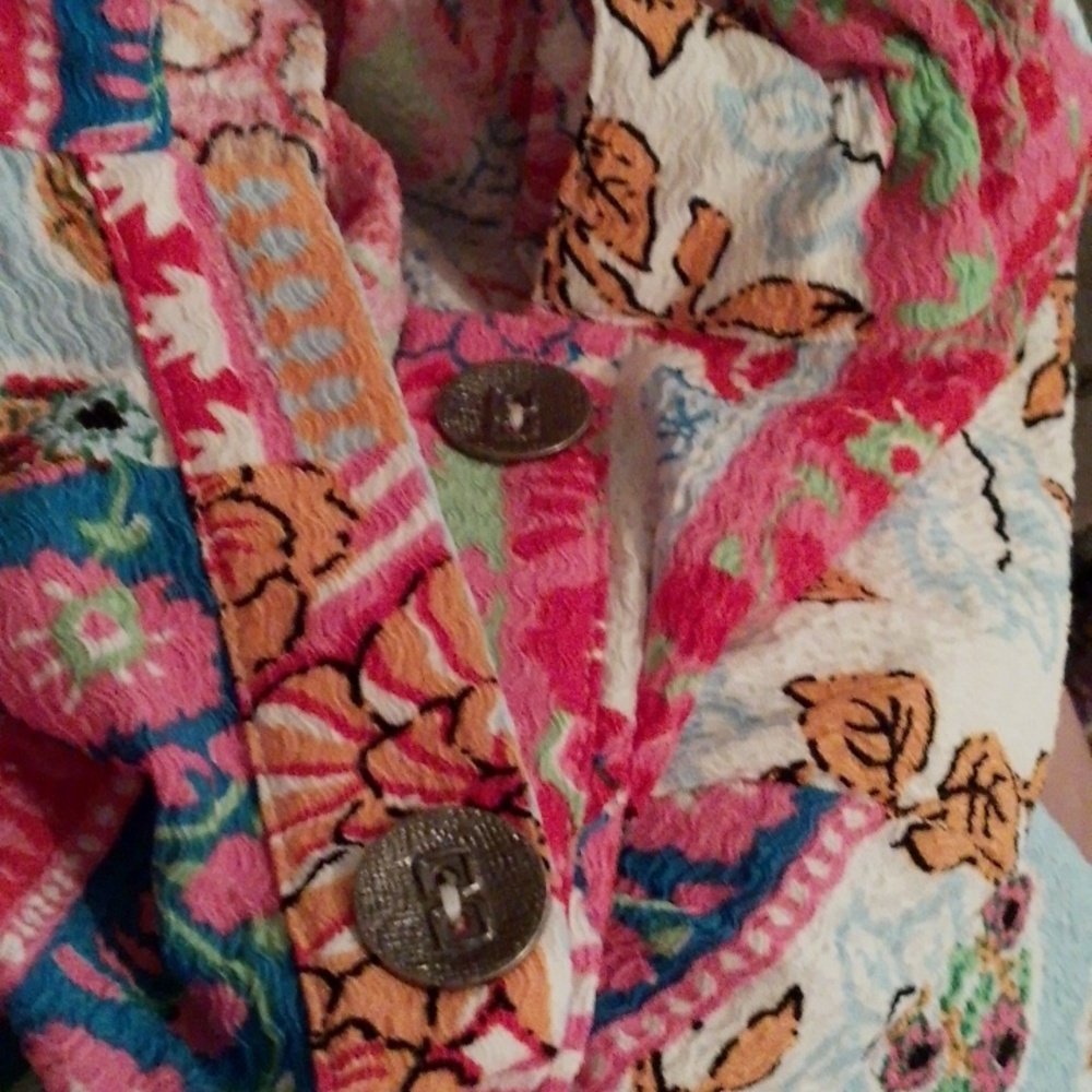 Floral Patchwork Button-Front Tunic Shirt in Pink & Orange - Picture 7 of 7